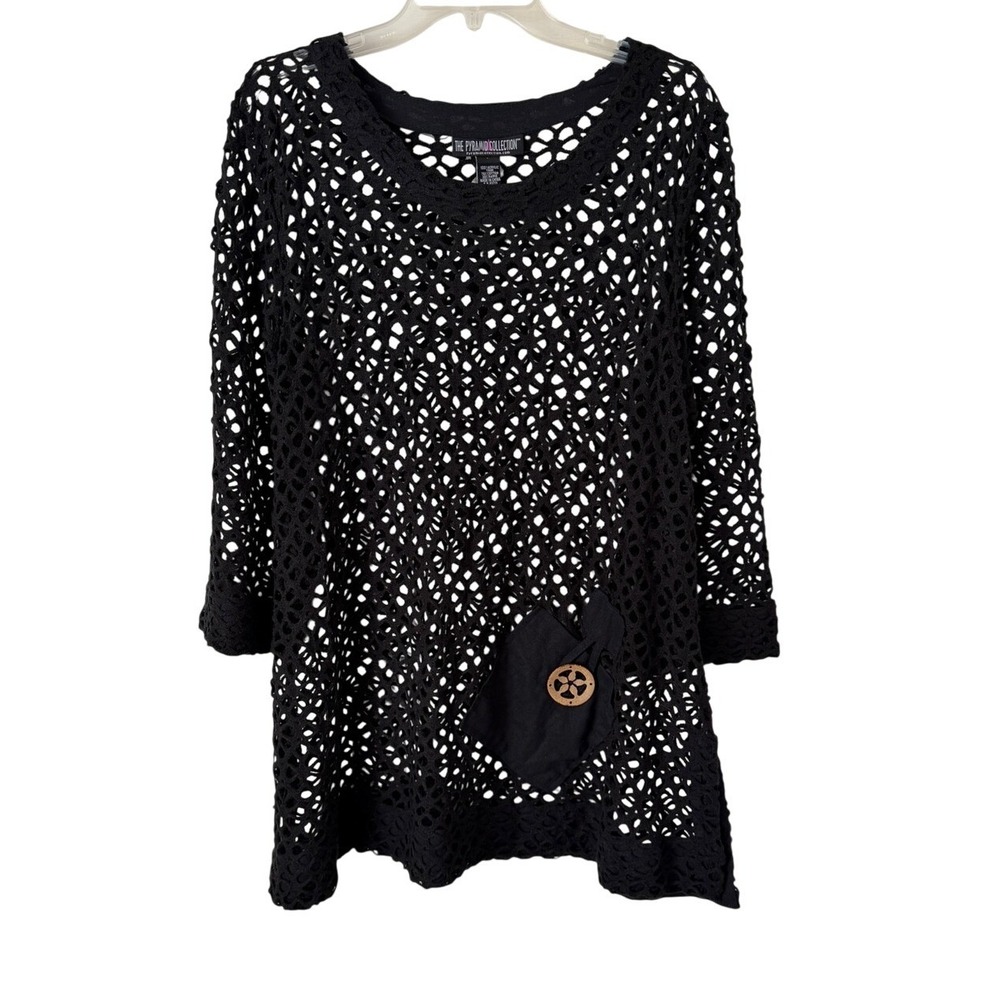 The Pyramid Collection Black Open Crochet Knit Layering Tunic Top Art To Wear 2X